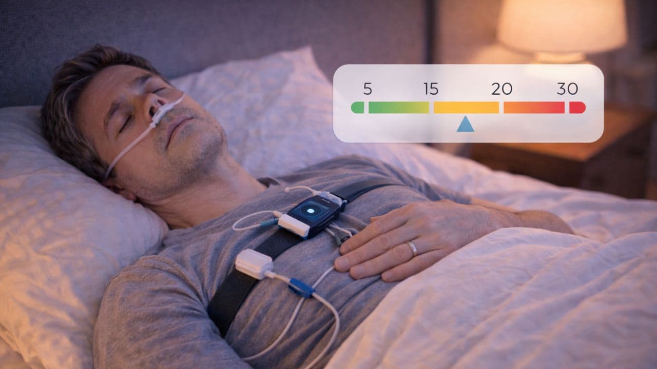 A man sleeps wearing home sleep test sensors while a color-coded AHI severity scale from 5 to 30 floats above the bed