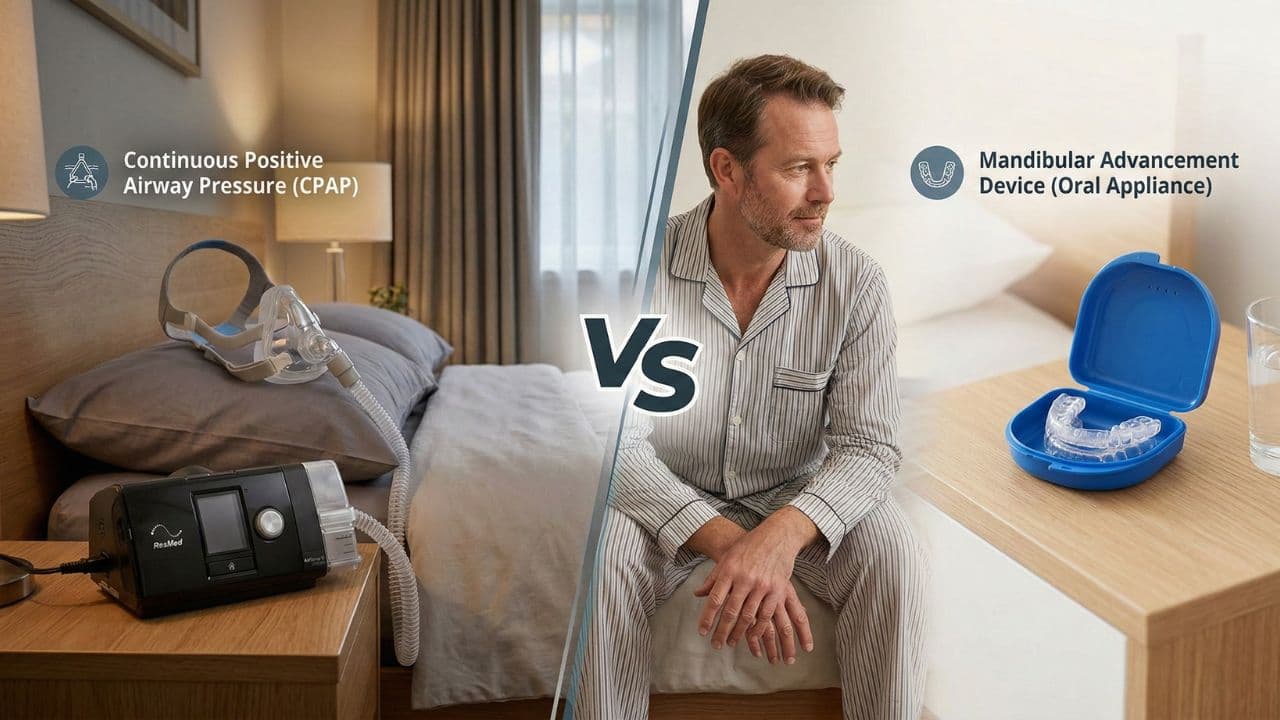 Side-by-side comparison: a CPAP machine and mask on a bed versus a man seated near a small oral appliance in a blue case