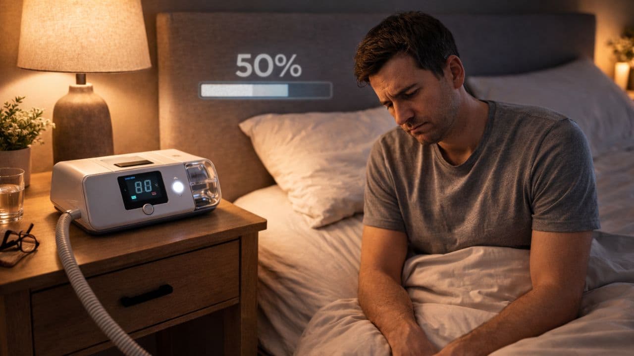 A dejected man sits on his bed beside a CPAP machine, with a half-filled 50% progress bar floating on the wall behind him