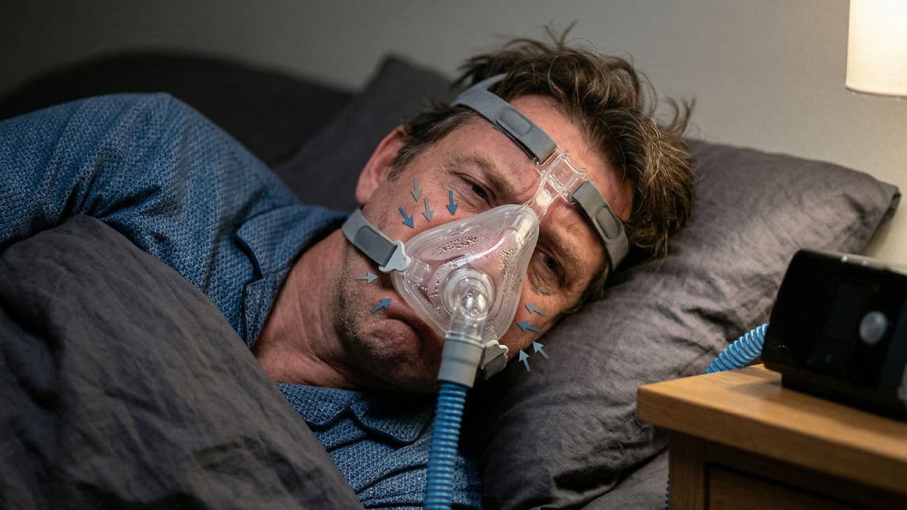 A man lies in bed grimacing in a fogged CPAP mask, with arrows showing air leaking out around the mask edges