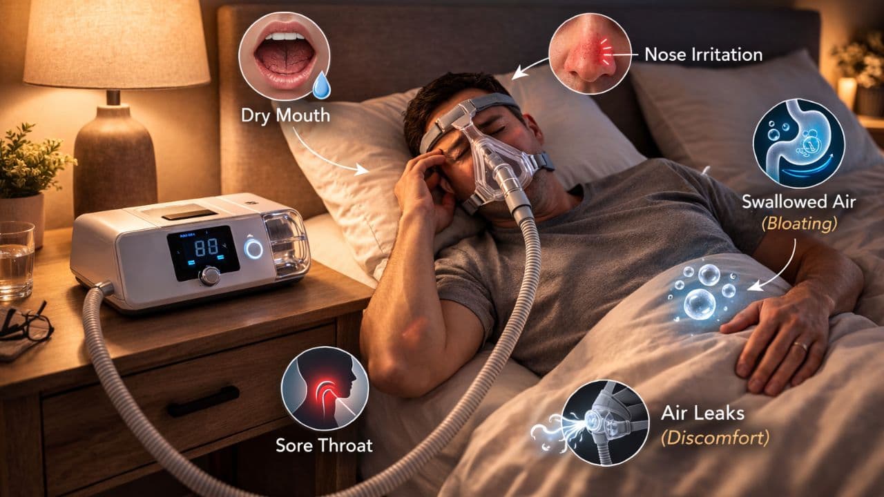 A man in bed wearing a CPAP mask, surrounded by callouts labeling dry mouth, nose irritation, sore throat, bloating, and air leaks