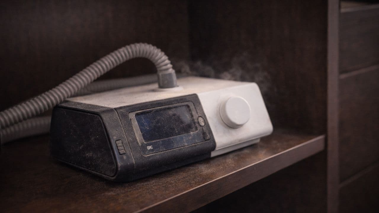 A dust-covered CPAP machine with coiled hose sits abandoned on a dark closet shelf