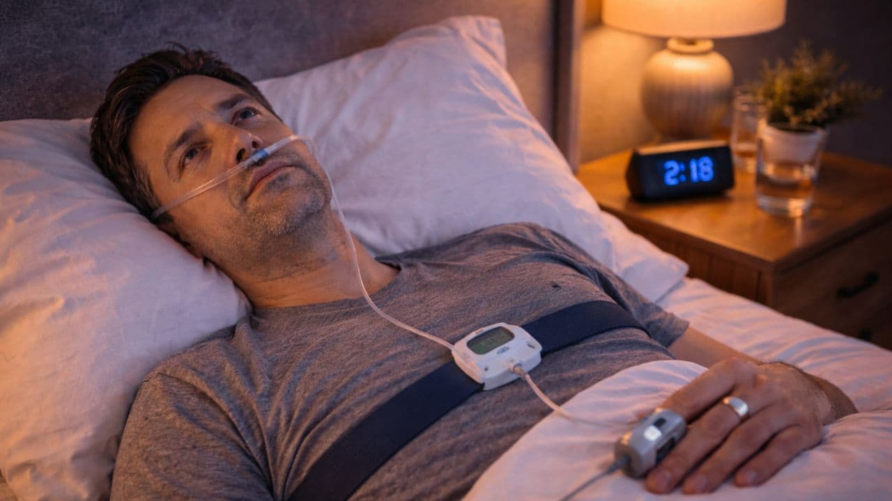 A man lies in bed at night wearing a home sleep test: nasal cannula, chest sensor belt, and fingertip pulse oximeter