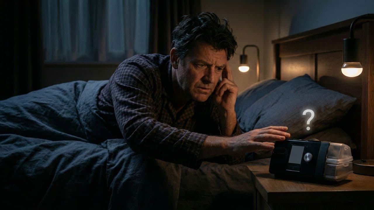 A pensive man reaches toward the CPAP machine on his nightstand at night, a glowing question mark hovering above it