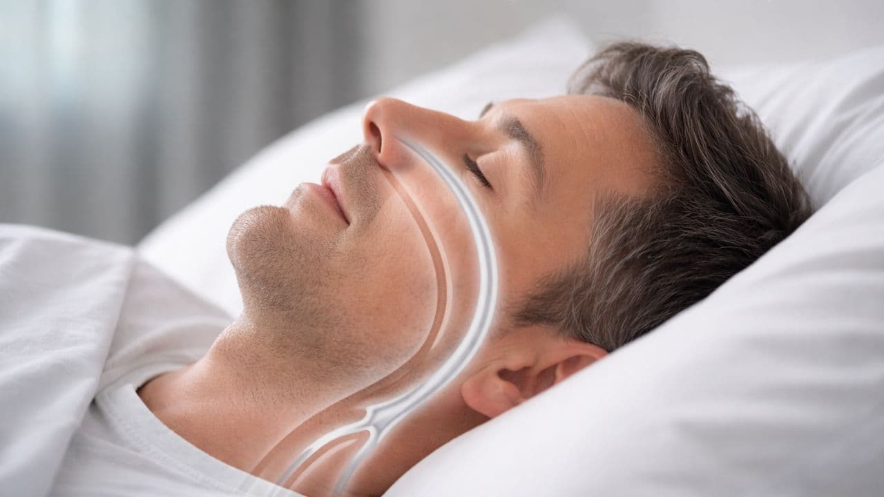 A man sleeps on a white pillow with a translucent illustration tracing the airway from his nose down his throat