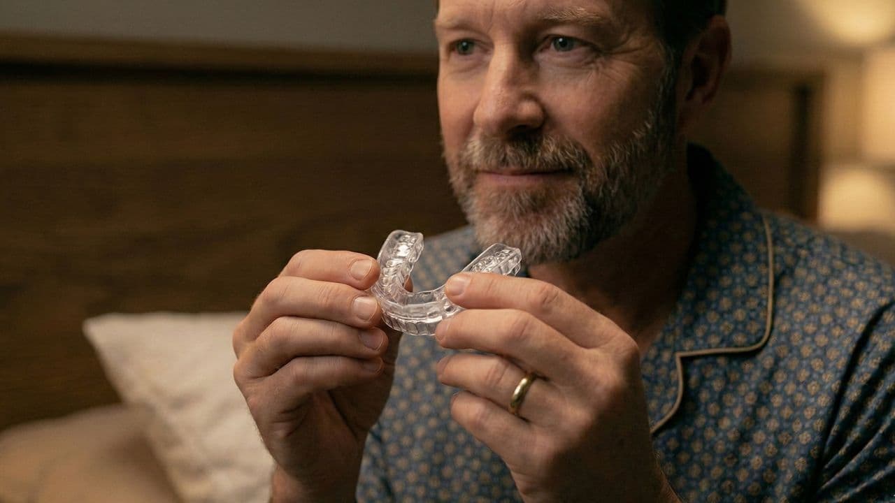 A smiling middle-aged man in pajamas holds a clear custom oral appliance in both hands at bedtime
