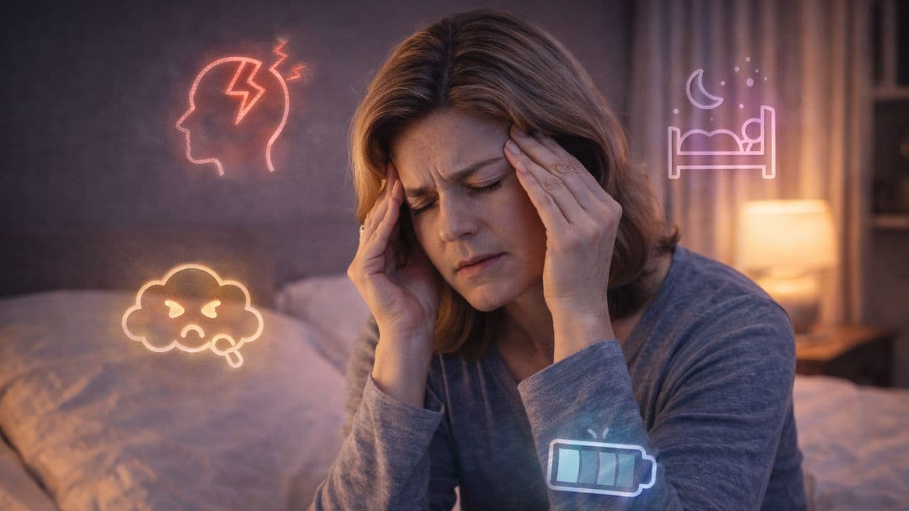 A woman presses her temples in bed, surrounded by glowing icons for headache, low battery, irritable mood, and restless sleep