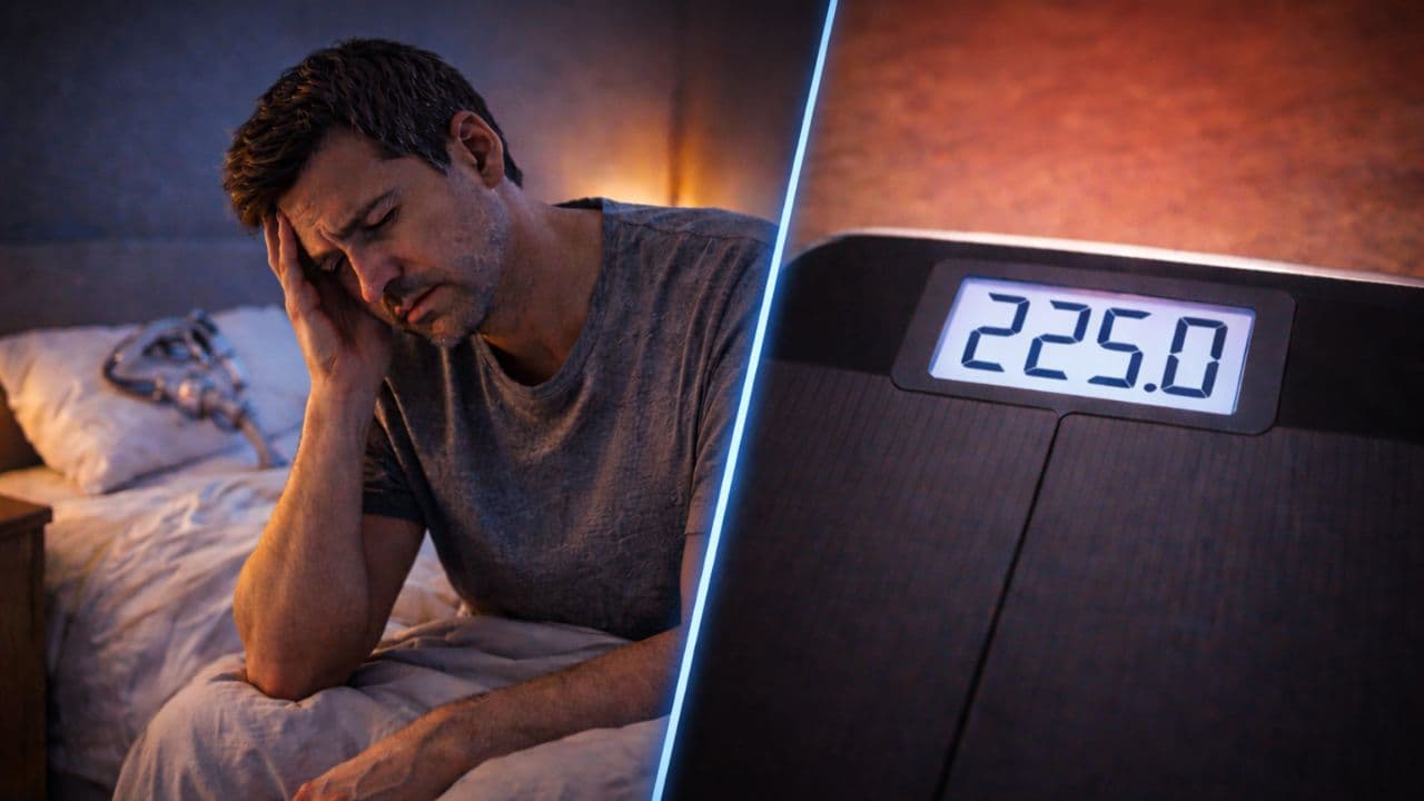 Split image: a weary man sits on his bed holding his head, next to a close-up of a bathroom scale reading 225 pounds