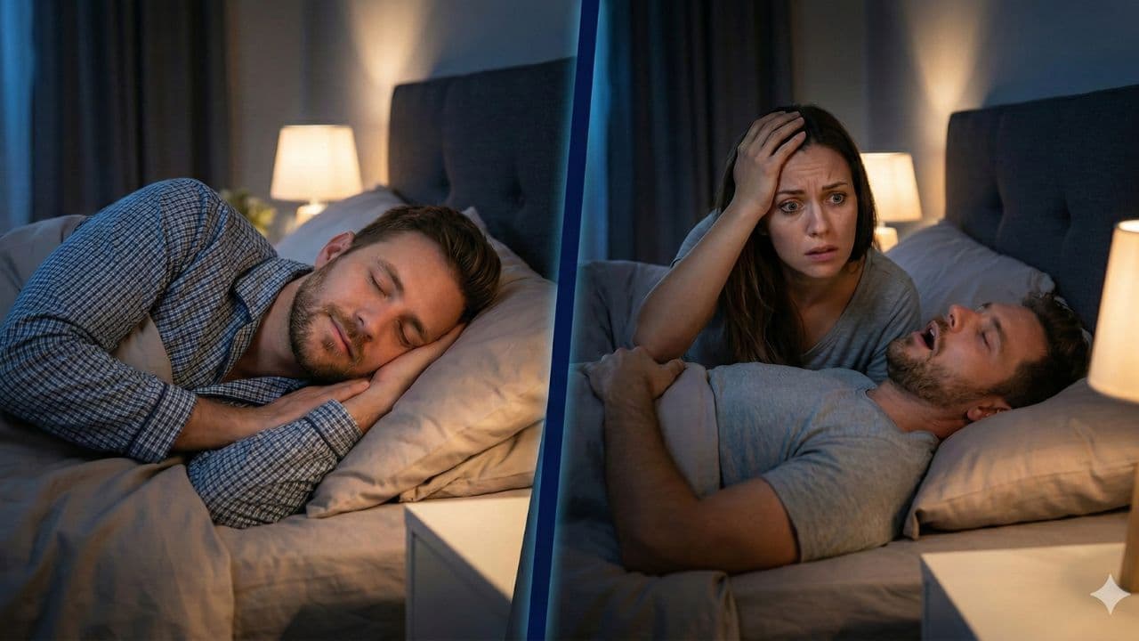 Split image: a man sleeps peacefully on his side, while in the other half a worried woman watches her partner snore open-mouthed
