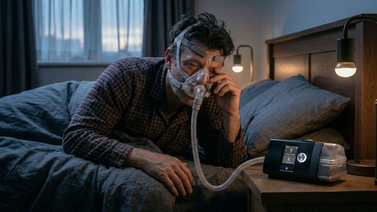 A weary man wearing a CPAP mask rubs his eye while sitting up in bed at dawn, machine glowing on the nightstand