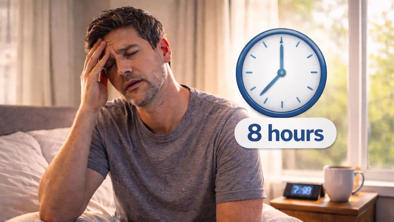 An exhausted man rubs his forehead in a sunlit bedroom next to a clock graphic labeled 8 hours