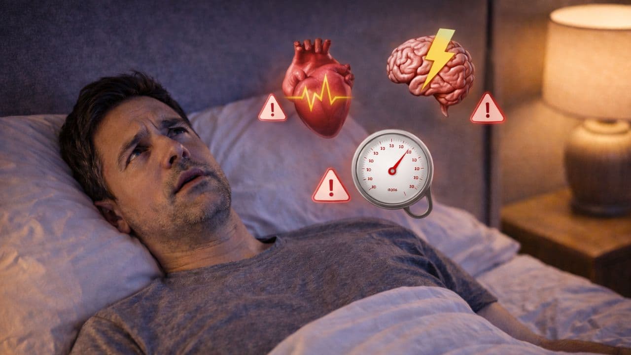 A worried man lies awake in bed beneath floating warning icons of a heart, a brain with a lightning bolt, and a pressure gauge