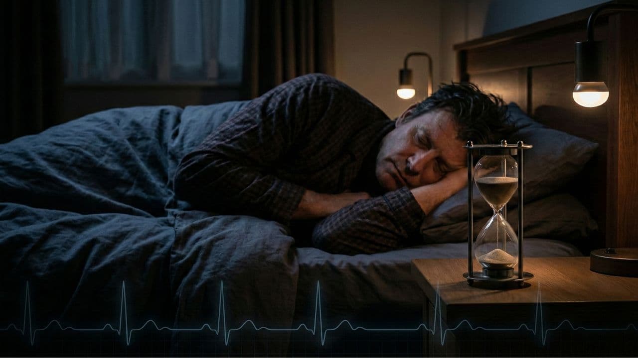A man sleeps in a dark bedroom beside an hourglass on the nightstand, with a heartbeat line running along the bottom