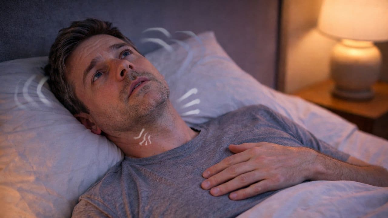 A man lies awake in bed at night with a hand on his chest, sound-wave marks around his head and throat suggesting labored breathing