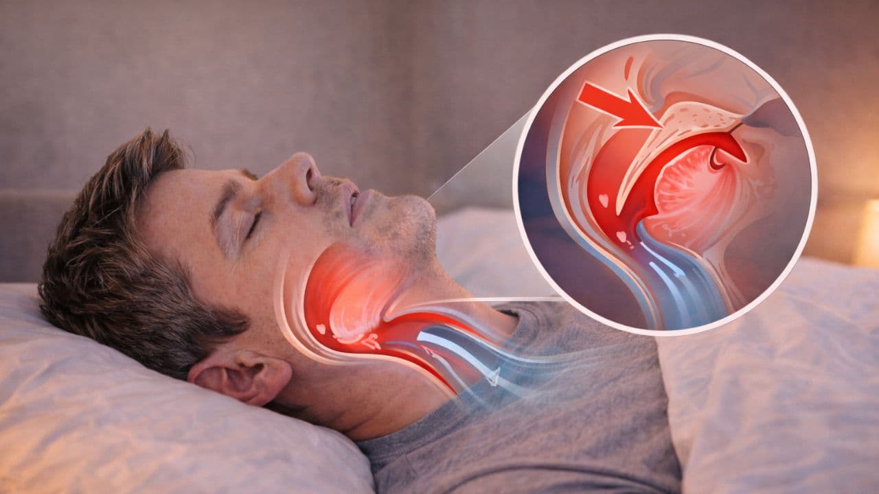 A sleeping man shown in profile with an illustrated overlay of his throat where a narrowed red airway blocks incoming airflow