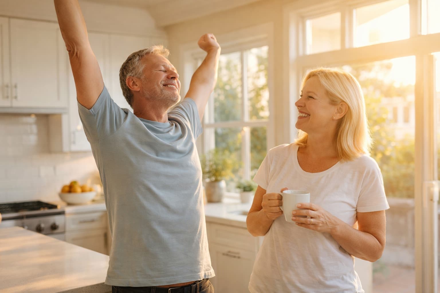 Happy couple waking up rested after sleep apnea treatment